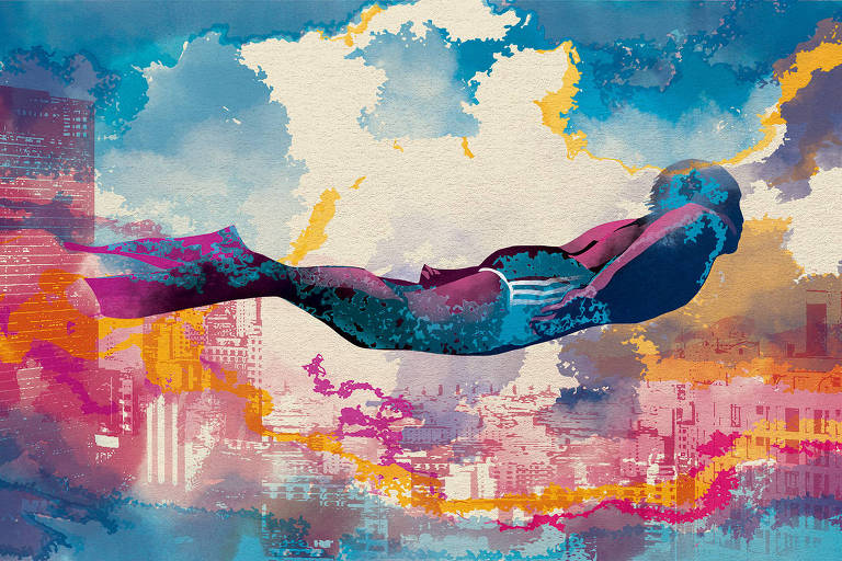 Ilustração de uma pessoa vestindo traje de banho e flutuando (com o corpo na horizontal, barriga para baixo, braços ao lado do corpo e pernas juntas) no céu. Há manchas de cores se mesclando em toda a imagem e prédios no fundo da cena.