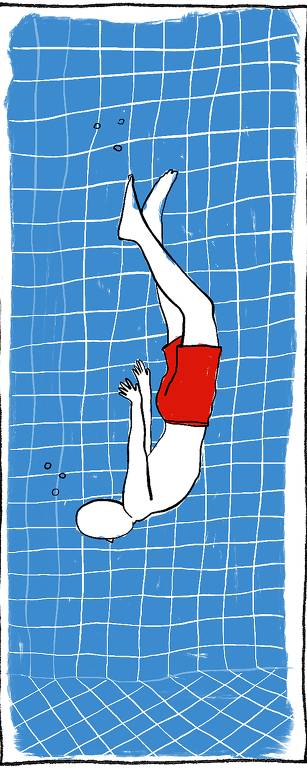 homem de calção vermelho mergulha em piscina de azulejos azuis