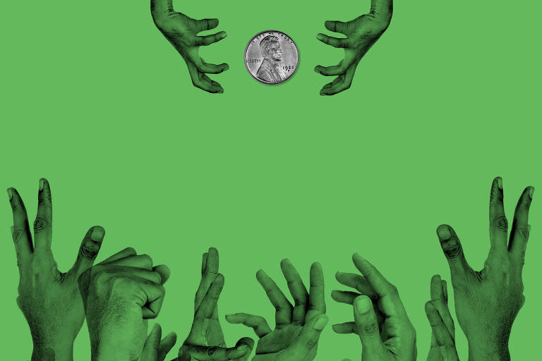 ilustracao com fundo verde bandeira com varias maos na parte inferior tentando pegar uma moeda na parte superior