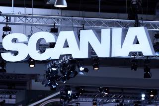 FILE PHOTO: The logo of Swedish truck maker Scania is pictured at the IAA truck show in Hanover