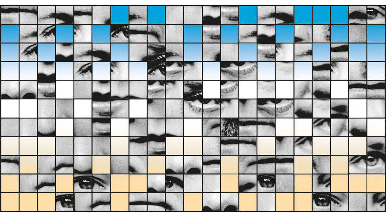 A área da ilustração está dividida em 231 quadrados (formados a partir do cruzamento de 11 linhas e 21 colunas) delimitados por linhas pretas. Alguns quadrados tem fotografias em preto e branco de pedaços do rosto, como olhos, bocas, nariz e sobrancelhas; outros estão preenchidos por cor sólida, amarelo claro, branco ou azul.