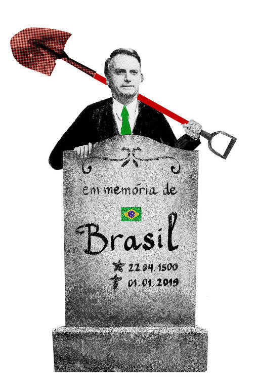 Homem segura enxada ao lado de lápide onde está escrita a palavra "Brasil" e há a bandeira brasileira