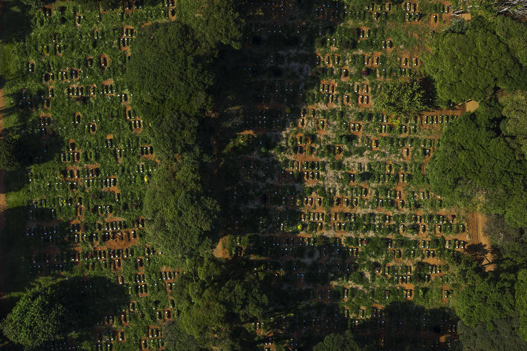 Vista aérea dos túmulos cobertos por vegetação do cemitério da Vila Formosa.