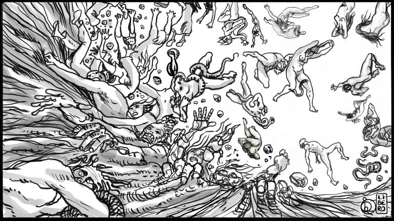 ilustração em preto e branco de dezenas de corpos caindo no abismo