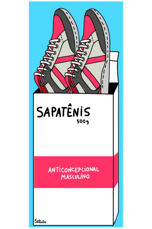 Ilustração de uma caixa de remédio escrita "sapatênis". Dela, sai um par do calçado