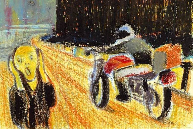 desenho com cores quentes e vibrantes de homem gritando no meio da rua enquanto uma moto passa ao lado 