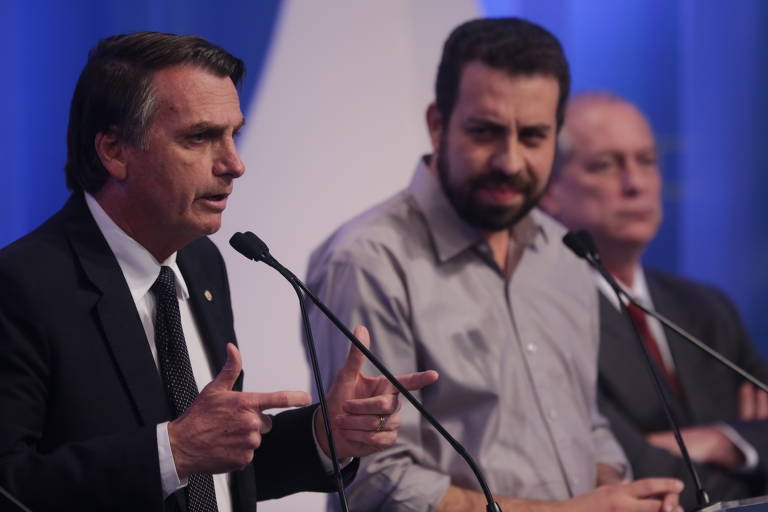 Candidatos à Presidência da República Jair Bolsonaro (PSL), Guilherme Boulos (PSol) e Ciro Gomes (PDT) durante debate na Rede TV