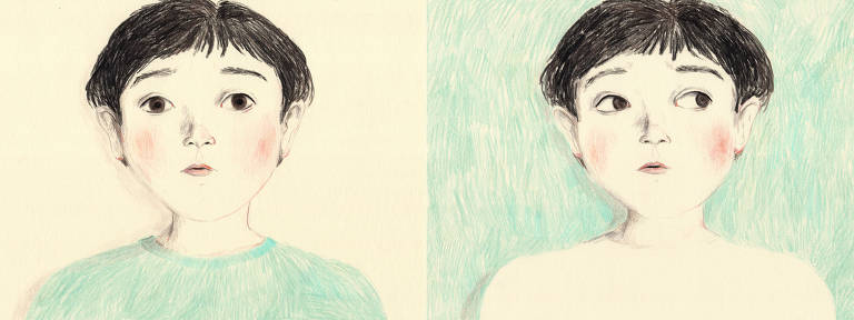 Dois desenhos, em sequência, de um menino com cabelos pretos e boca bem pequena. Na primeira, o olhar dele é para a frente, na segunda, ele olha para o lado direto