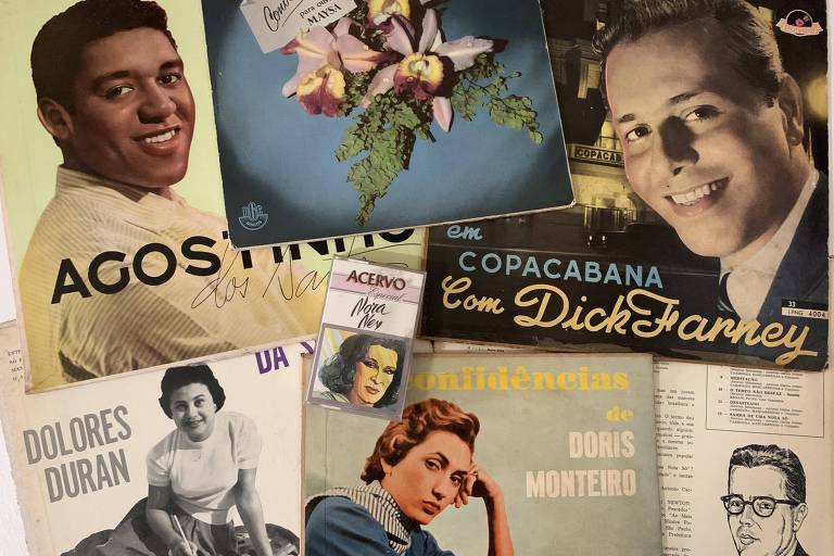 LPs originais de Dick Farney, Dolores Duran, Maysa, Doris Monteiro e Agostinho dos Santos e bico-de-pena mostrando o compositor Newton Mendonça