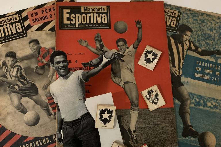      Revistas originais com reportagens de capa sobre Garrincha e memorabília do futebol dos anos 50 