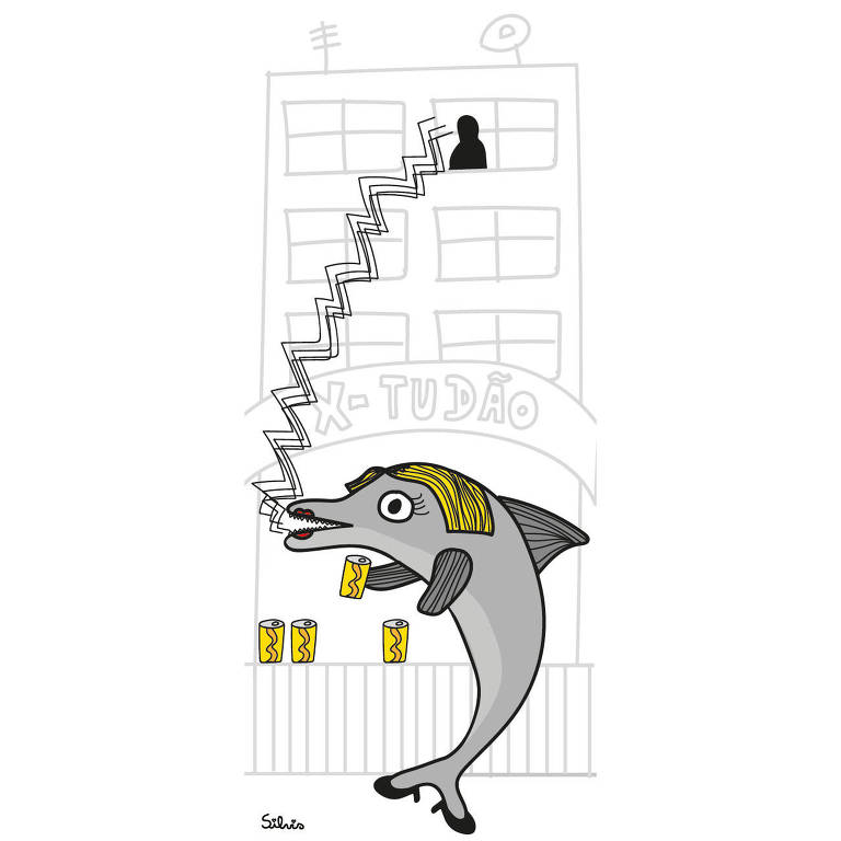 Ilustração de um golfinho usando peruca loira, batom vermelho, rímel e sapatos de salto pretos na nadadeira caudal, na qual se equilibra para ficar em pé. Ele segura uma latinha amarela e emite um sinal que sobe até uma pessoa que está na janela de um prédio. Além do edifício no fundo, há mais latinhas amarelas em um balcão e uma placa "X-TUDÃO".