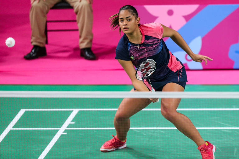 Jaqueline Lima na competição de duplas femininas do badminton nos Jogos Pan-Americanos Lima-2019