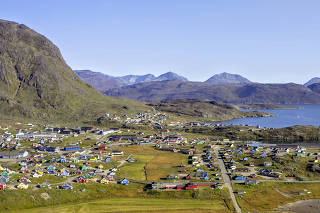 Aerial view of the town of Narsaq in southern Greenland