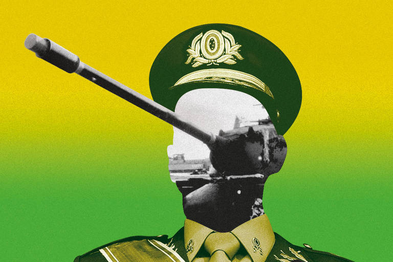 Ilustração de um militar; em vez de seu rosto, uma foto com um tanque cujo cano desponta para fora do contorno da face