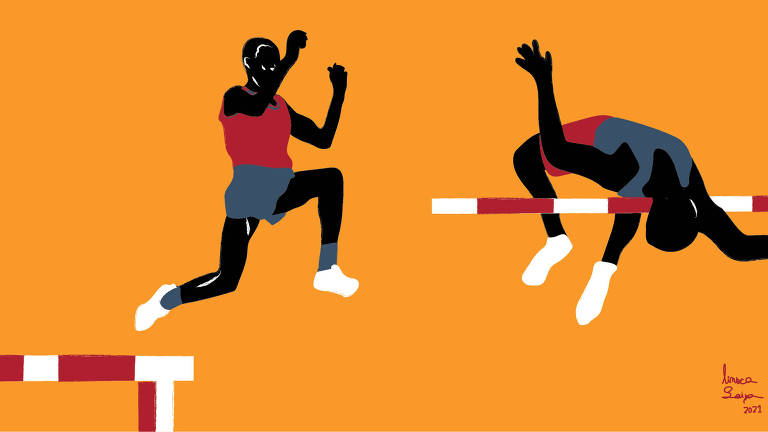 Duas mulheres negras fazendo atividade física. Uma abaixada treinando os joelhos e a outra pula um arco 