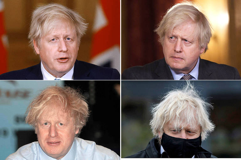 Quatro fotos do premiê britânico mostrando em cada uma delas um cabelo cada vez maior e mais despenteado