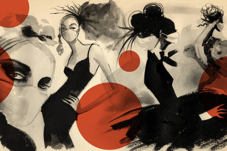 ilustrações de moda sobrepostas a círculos laranjas