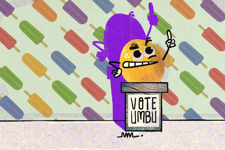 um umbu com feições humanas e braços dentro de uma lata em que se lê "vote umbu"