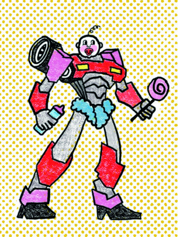 Um grande robô usa peças mecânicas como roupa, segura uma flor rosa e tem sua cabeça em formato de cabeça de bebê