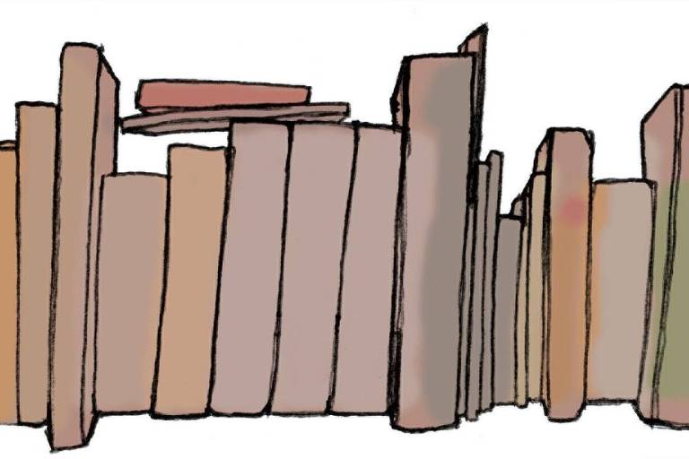 Ilustração mostra livros encostados na prateleira de uma estante