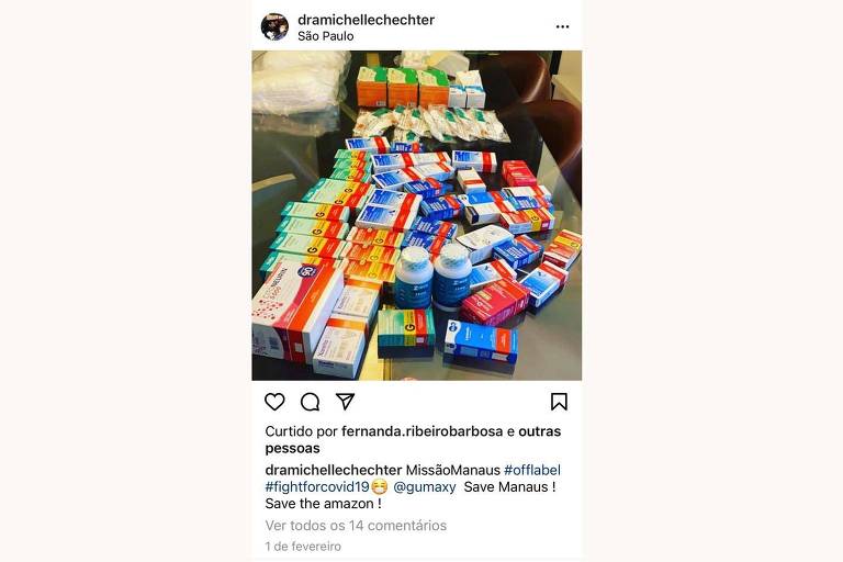 Michelle Chechter posta uma foto com caixas de medicamentos para anunciar que viajará a Manaus, colapsada pela nova onda de Covid-19. Ela usa a hashtag #offlabel, que prega uso do medicamento fora do previsto na bula,como o uso da hidroxicloroquina para tratar o novo coronavírus.Foto:reprodução do instagram