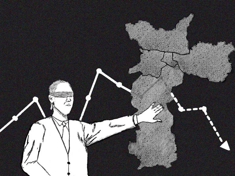 Um homem de branco e vendado aponta para o mapa da cidade de São Paulo em cinza sobre um fundo preto; ao fundo, uma linha de gráfico flutuante