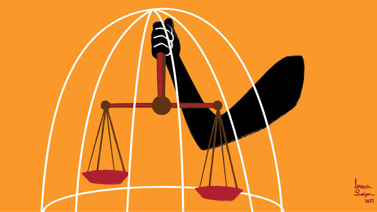 Desenho mostra mão segurando a balança da justiça, que está desigual, dentro de uma gaiola