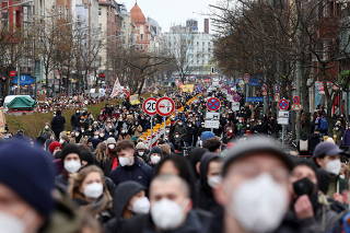 People protest against a decision by Germany's Constitutional Court, in Berlin