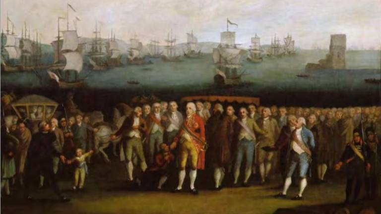 Tela de autor desconhecido também representa a fuga da família real. Historiadores estimam que cerca de 15 mil pessoas acompanharam a corte portuguesa