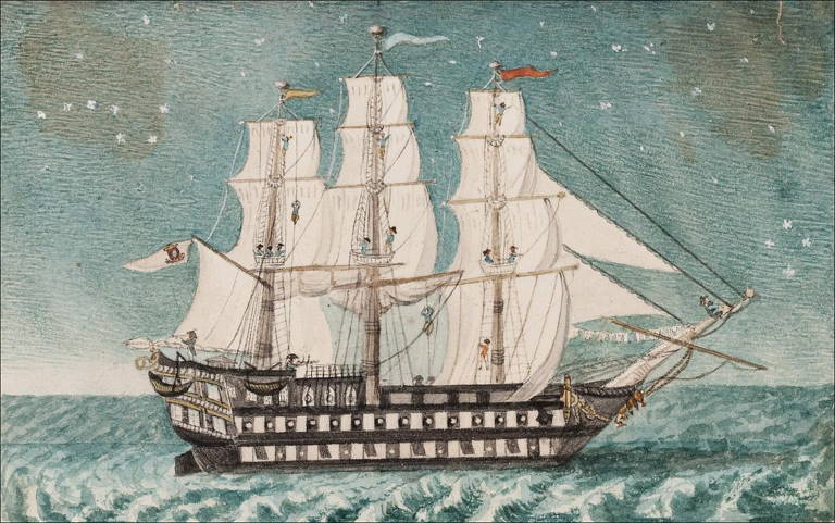 A nau "Príncipe Real" , que foi utilizada por D. João VI durante a fuga, em desenho de Franz Joseph Frühbeck. Embarcaram na Nau Príncipe Real a Rainha D. Maria I, o Príncipe-Regente D. João e outros fidalgos. A nau lançou âncora na Baía de Todos os Santos no dia 22 de janeiro de 1808
e suspendeu a 26 de fevereiro chegando na Guanabara em 7 de março