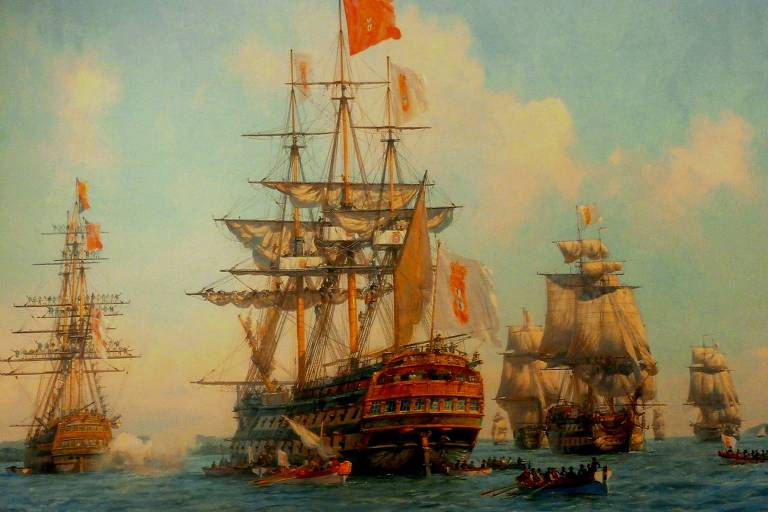 "A chegada da família real portuguesa", pintura do inglês Geoff Hunt, mostra parte da esquadra esquadra que atravessou o Atlântico com a corte portuguesa. As 15 embarcações lusitanas foram escoltadas por quatro naus britânicas sob o comando do capitão Graham Moore