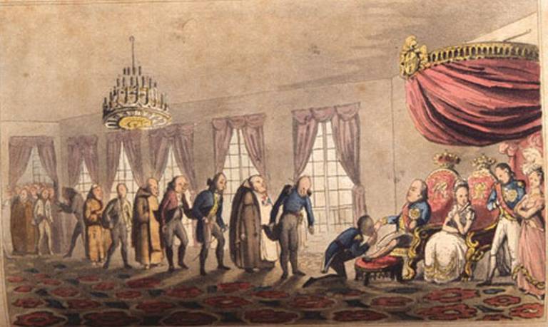 Costume típico da monarquia portuguesa, a cerimônia do "beija-mão" se tornou marca na corte carioca de Dom João VI. O tradicional evento foi registrado à época por um artista e militar inglês conhecido pelas iniciais A.P.D.G.