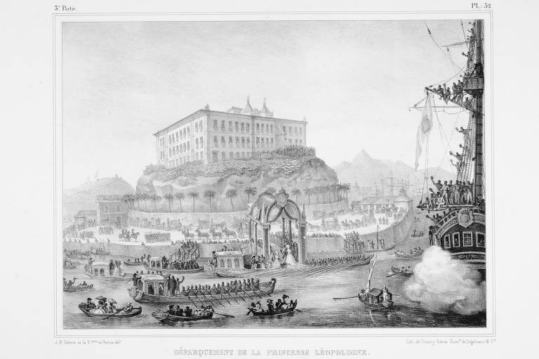 O desembarque da Princesa Leopoldina em 6.nov.1817 foi um dos grandes acontecimentos do período da família real no Rio de Janeiro, tanto que mereceu uma litografia assinada por Debret. A monarca austríaca veio ao Brasil para se tornar esposa de Dom Pedro I, como rezava a tradição dos casamentos arranjados entre as famílias reais europeias