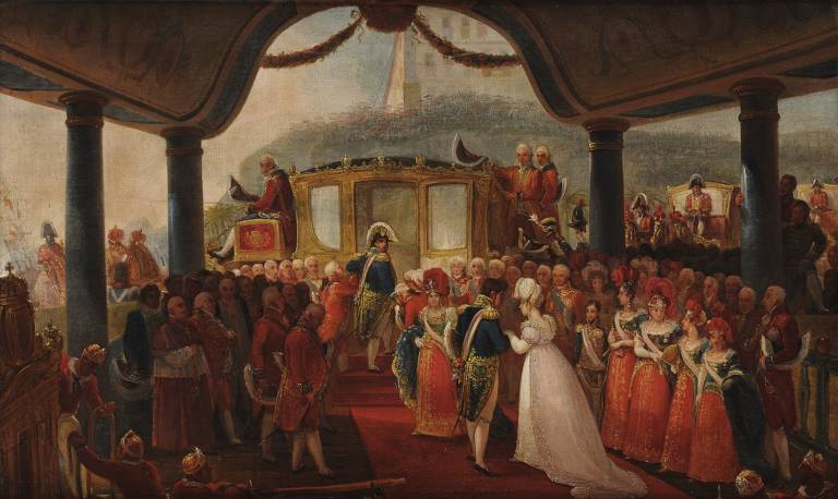 Óleo sobre tela de Jean-Baptiste Debret de 1818 representa dom Pedro recebendo a princesa Leopoldina durante seu desembarque no Rio de Janeiro, em novembro de 1817