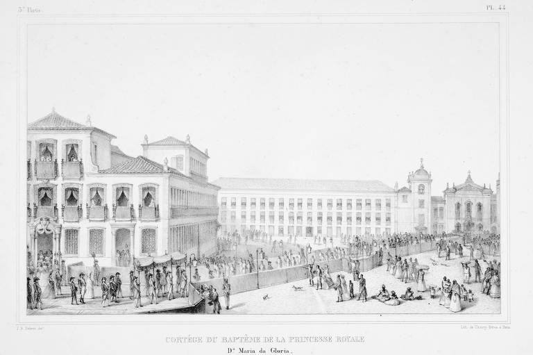 Desenho de Jean-Baptiste Debret retrata o batismo da princesa D. Maria da Glória, em janeiro de 1819. À esquerda, abaixo, estão a rainha D. Carlota e seu camareiro-mor, marquês de Lavradio, antecedidos pelos príncipes D. Miguel e D. Pedro e a princesa Leopoldina. À frente, está o rei escoltado por dois ministros. À frente do rei, encontrava-se o pálio, onde a princesa recém-nascida era carregada pelo seu capelão-mor, D. Francisco da Costa Souza Macedo, marquês da Cunha. A criança estava coberta com um véu transparente de brocados de ouro