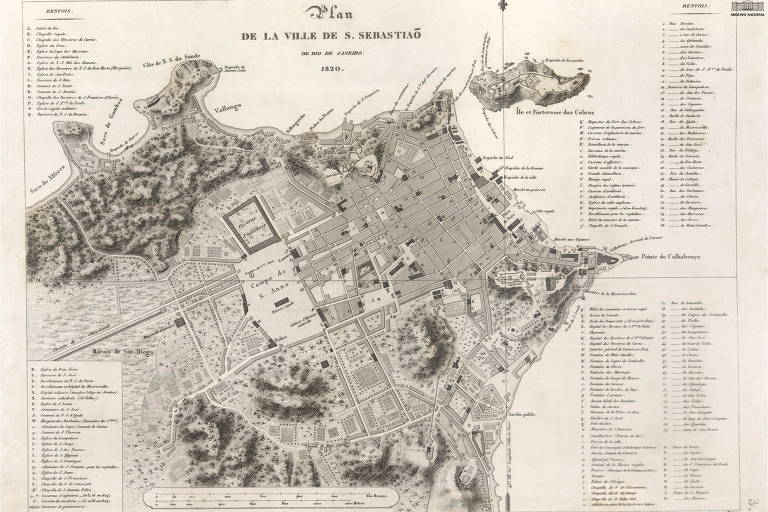 Planta da cidade do Rio de Janeiro, datada de 1820, contido na obra "Viagem ao redor do mundo", de autoria de Jacques Arago, publicada entre 1824 e 1826, em Paris. O período em que a família real esteve no Rio, entre 1808 e 1821, foi decisivo para a transformação da cidade