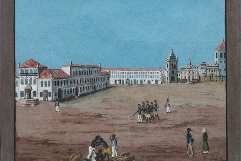 Têmpera sobre papel do austríaco Franz Joseph Frühbeck retrata a antiga Várzea de Nossa Senhora do Ó, que se transformou na praça mais importante da cidade no período da família real. Datada de 1818, a imagem mostra Paço Real, em primeiro plano, e, ao fundo, o Convento e as duas igrejas dedicadas à Nossa Senhora do Carmo, região onde se contra a Praça XV
