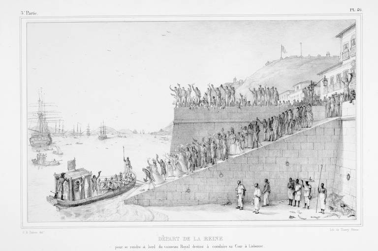 A partida da família real portuguesa foi acompanhada por um enorme público que se aglomerou para o adeus. Em desenho de Debret, que representa o embarque da corte, a rainha Carlota acena para o público