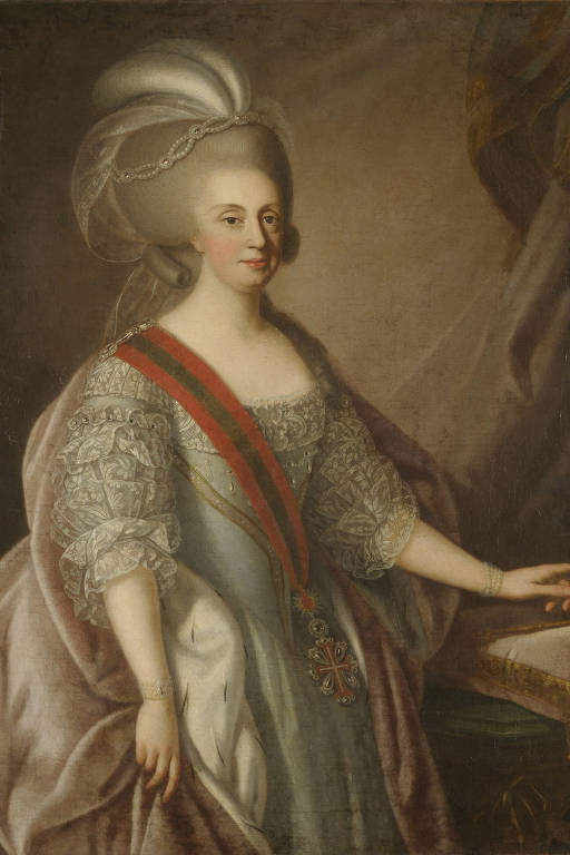 Retrato de Maria I, rainha de Portugal, apelidada de "a Piedosa" e "a Louca", foi a Rainha de Portugal e Algarves de 1777 até 1815, e também Rainha do Reino Unido de Portugal, Brasil e Algarves a partir do final de 1815 até sua morte. De 1792 até sua morte, seu filho mais velho João atuou como regente do reino em seu nome devido à sua doença mental