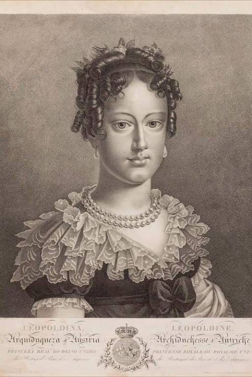 Retrato da princesa Maria Leopoldina, arquiduquesa da Áustria, que chegou ao Brasil em 6.nov.1817, para se tornar a primeira esposa de D. Pedro I. A chegada da princesa foi um dos grandes acontecimentos do período da família real no Rio de Janeiro. Leopoldina se tornou uma figura muito querida da população carioca