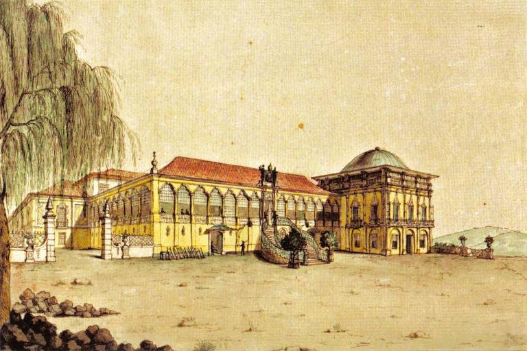 O Paço de São Cristóvão, na Quinta da Boa Vista, em desenho de Jean-Baptiste Debret de 1817. A construção foi residência da família real portuguesa enquanto viveu no Brasil. O palácio sofreu diversas ampliações e modificações. Hoje abriga o Museu Nacional, que foi vítima de incêndio em setembro de 2018