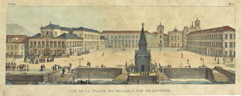 Desenho de Jean-Baptiste Debret com litogravura de Thierry Fréres retrata o Paço Imperial, onde hoje é a atual Praça XV. No centro, em primeiro plano, Chafariz do Paço; à esquerda, o Palácio do Paço; em último plano,
Igreja da Sé e Convento do Carmo. A vinda da corte portuguesa para o Brasil, em 1808, provocou uma grande transformação na cidade do Rio de Janeiro. A comitiva que deixou Portugal em 1807 possuía cerca de 15 mil pessoas, um contingente que causou um grande impacto demográfico na cidade