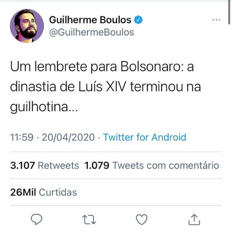 Tuíte de Guilherme Boulos a Bolsonaro falando em guilhotina