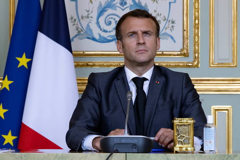 Presidente francês, Emmanuel Macron, durante Cúpula de Líderes sobre o Clima, ao qual participou por videoconferência