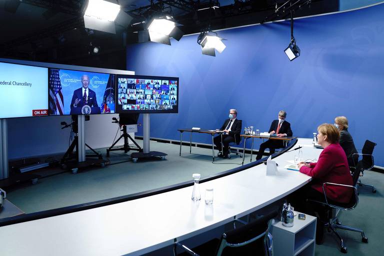 Chanceler alemã, Angela Merkel, também acompanhando a Cúpula de Líderes sobre o Clima, que acontece de forma virtual reunindo 40 líderes mundiais