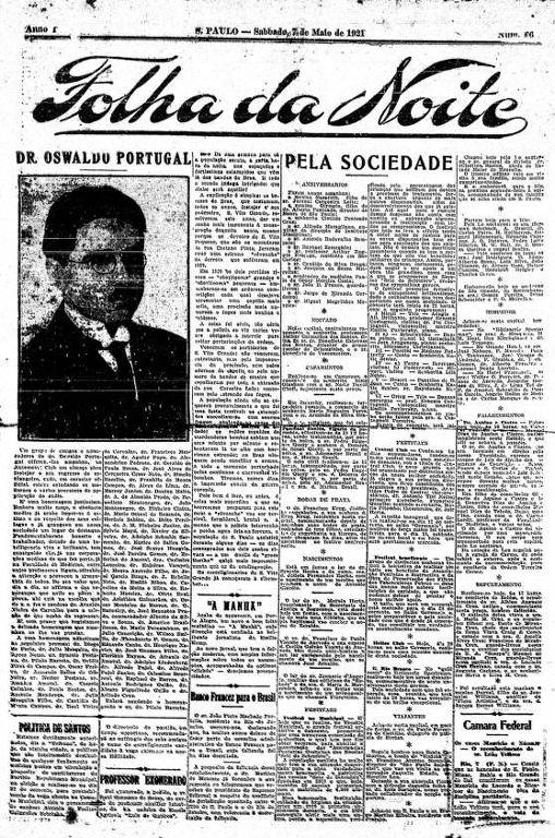 Primeira Página da Folha da Noite de 7 de maio de 1921