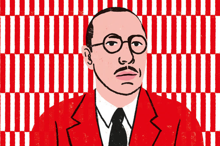 ilustração do compositor russo Igor Stravinski vestindo um blazer vermelho