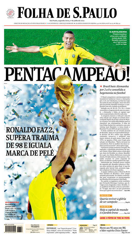 primeira página de jornal traz fotos do capitão da seleção brasileira erguendo a taça da vitória 
