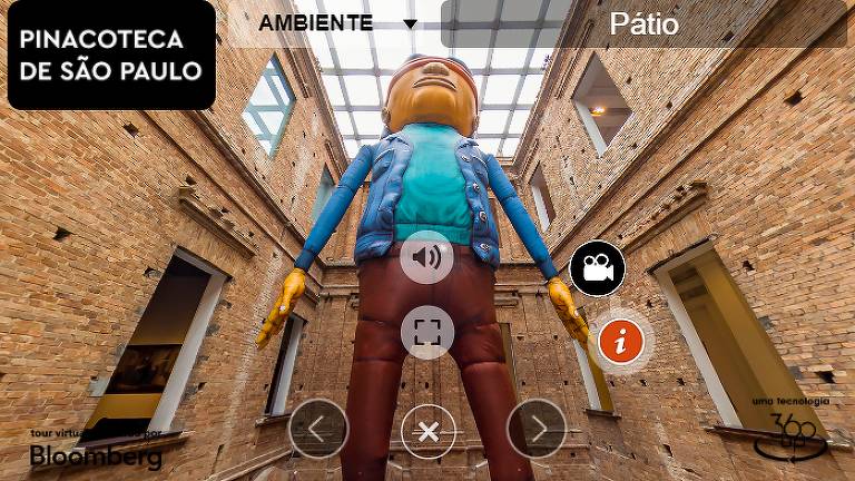 Tela mostra imagem de boneco inflável e colorido da dupla Osgêmeos na Pinacoteca, em tela com botões para seguir tour virtual