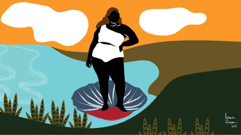 Mulher negra gorda em cima de uma grande concha que está numa superfície marítima. Ela faz uma pose parecida com a da musa da "O Nascimento de Vênus", de Sandro Botticelli